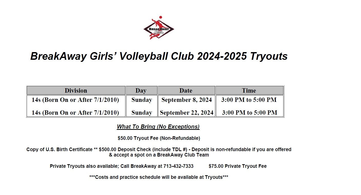 Breakaway Speed Volleyball Tryout Fee